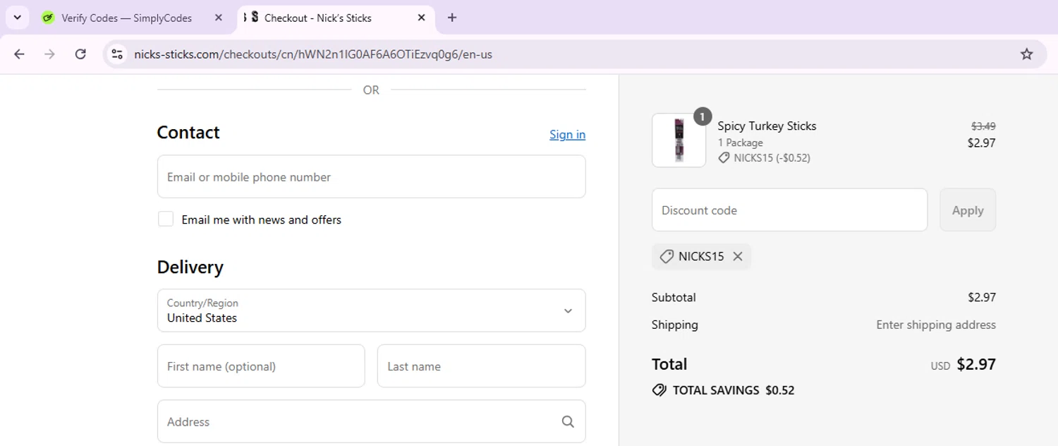 Nick's Sticks promo code screenshot showing code NICKS15 applied at Nick's Sticks checkout page. Uploaded by SimplyCodes community member EnmanuelEDITOR on Sep 9, 2025
