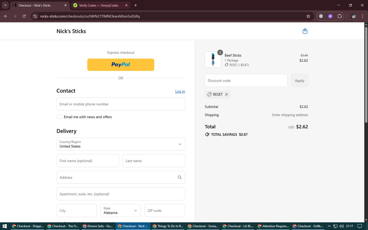 Nick's Sticks promo code screenshot showing code RESET applied at Nick's Sticks checkout page. Uploaded by SimplyCodes community member NobleGenius1697 on Aug 23, 2025