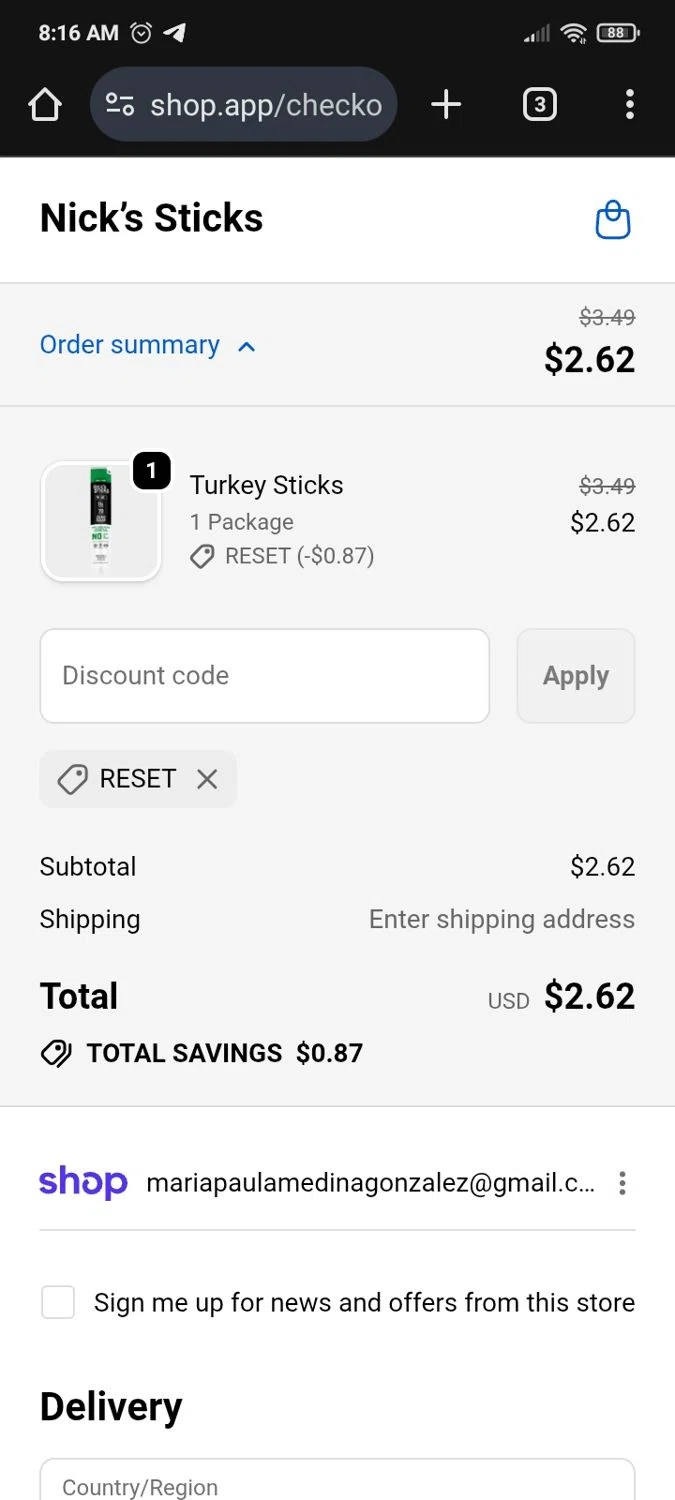 Nick's Sticks promo code screenshot showing code RESET applied at Nick's Sticks checkout page. Uploaded by SimplyCodes community member PromoMaven605 on Nov 21, 2025