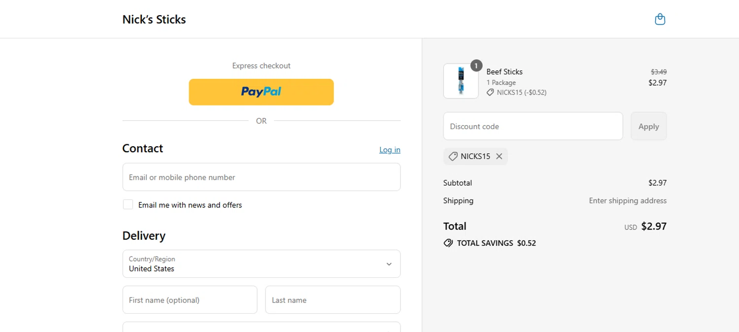 Nick's Sticks promo code screenshot showing code NICKS15 applied at Nick's Sticks checkout page. Uploaded by SimplyCodes community member ashe1986 on Jul 2, 2025