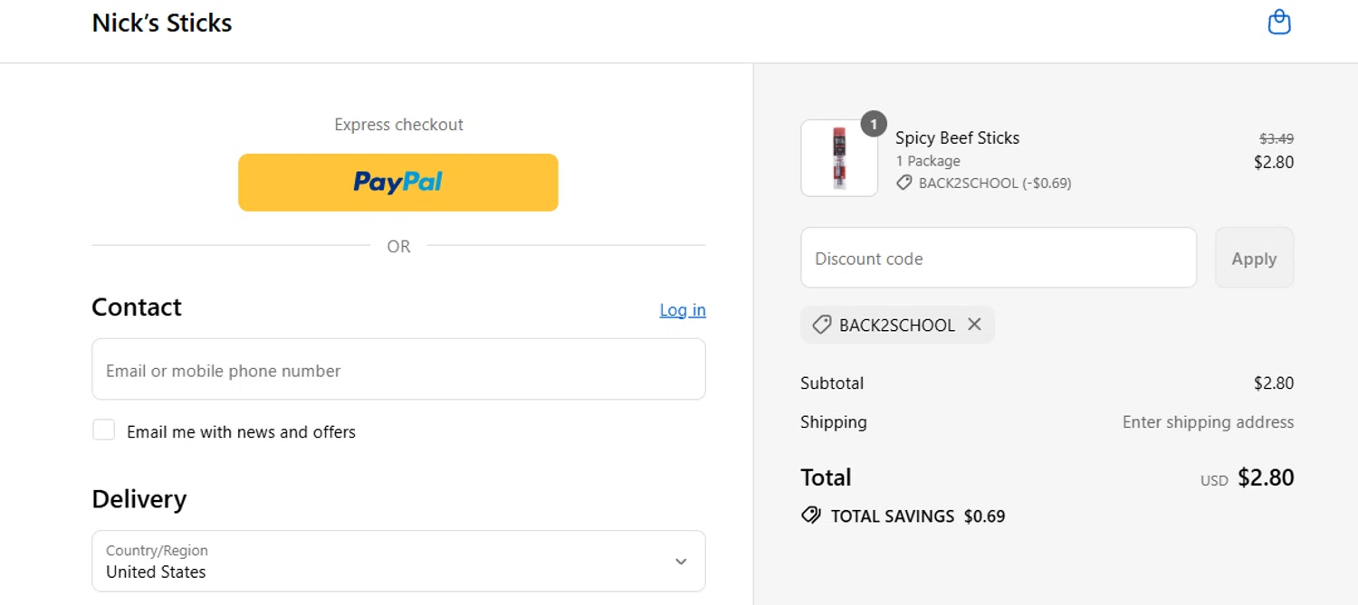 Nick's Sticks promo code screenshot showing code BACK2SCHOOL applied at Nick's Sticks checkout page. Uploaded by SimplyCodes community member jesspea on Aug 19, 2025