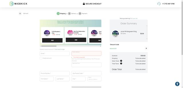 Nicokick checkout page showing Nicokick discount code box | Screenshot taken by SimplyCodes community member on Jul 22, 2025