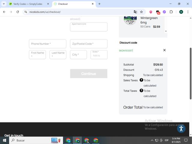 Nicokick checkout page showing Nicokick discount code box | Screenshot taken by SimplyCodes community member on Aug 1, 2025