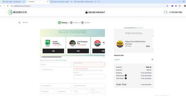 Nicokick checkout page showing Nicokick discount code box | Screenshot taken by SimplyCodes community member on Aug 23, 2025