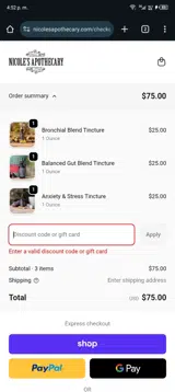 Nicole's Apothecary coupon verification screenshot