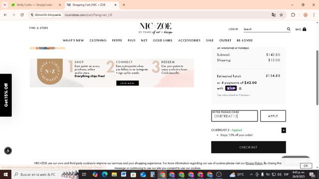 Nic+Zoe checkout page showing Nic+Zoe promo code box | Screenshot taken by SimplyCodes community member on Aug 26, 2025