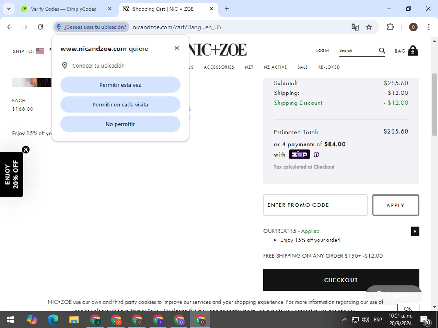 where to use NIC+ZOE promo code box