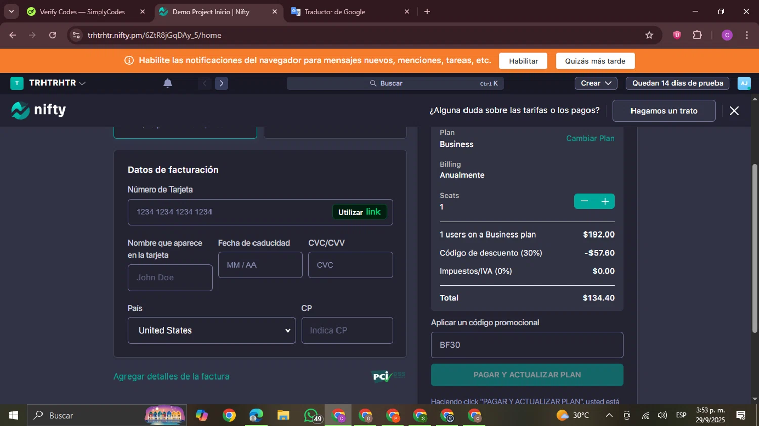 Nifty promo code screenshot showing code BF30 applied at Nifty checkout page. Uploaded by SimplyCodes community member FrugalPro5078 on Sep 29, 2025