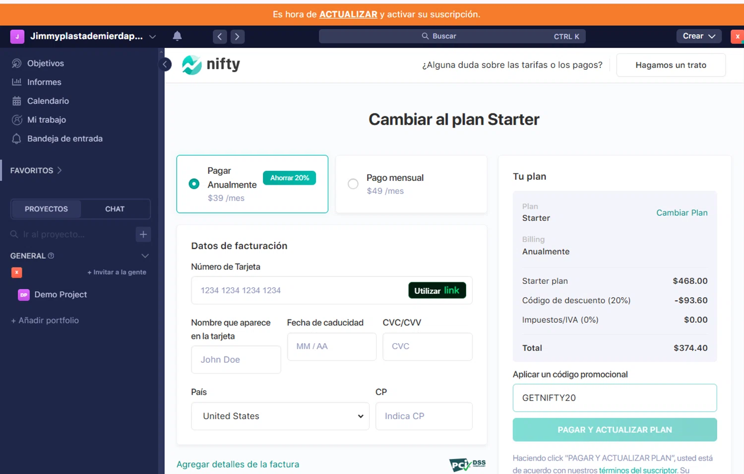 Nifty promo code screenshot showing code GETNIFTY20 applied at Nifty checkout page. Uploaded by SimplyCodes community member MordeKaiser on Feb 7, 2025