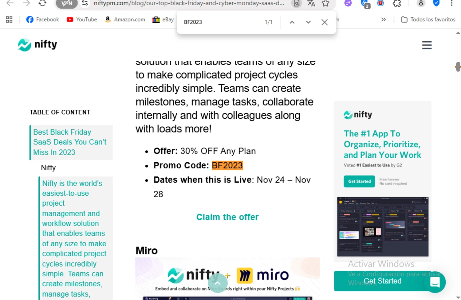 Nifty promo code screenshot showing code BF2023 applied at Nifty checkout page. Uploaded by SimplyCodes community member FrancyB on Sep 15, 2025