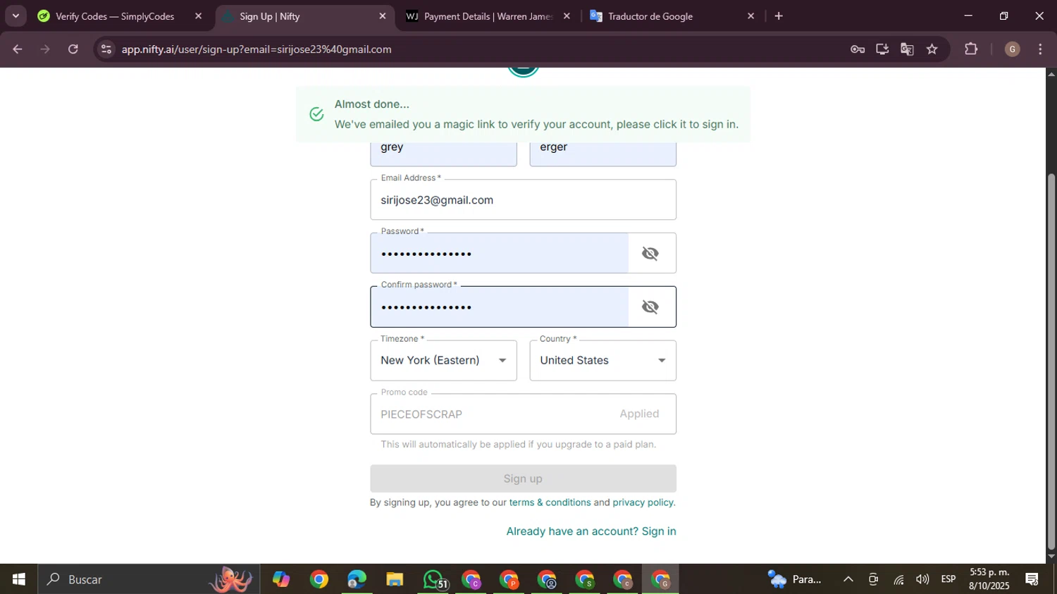 Nifty AI checkout page showing Nifty AI promo code box | Screenshot taken by SimplyCodes community member on Oct 8, 2025