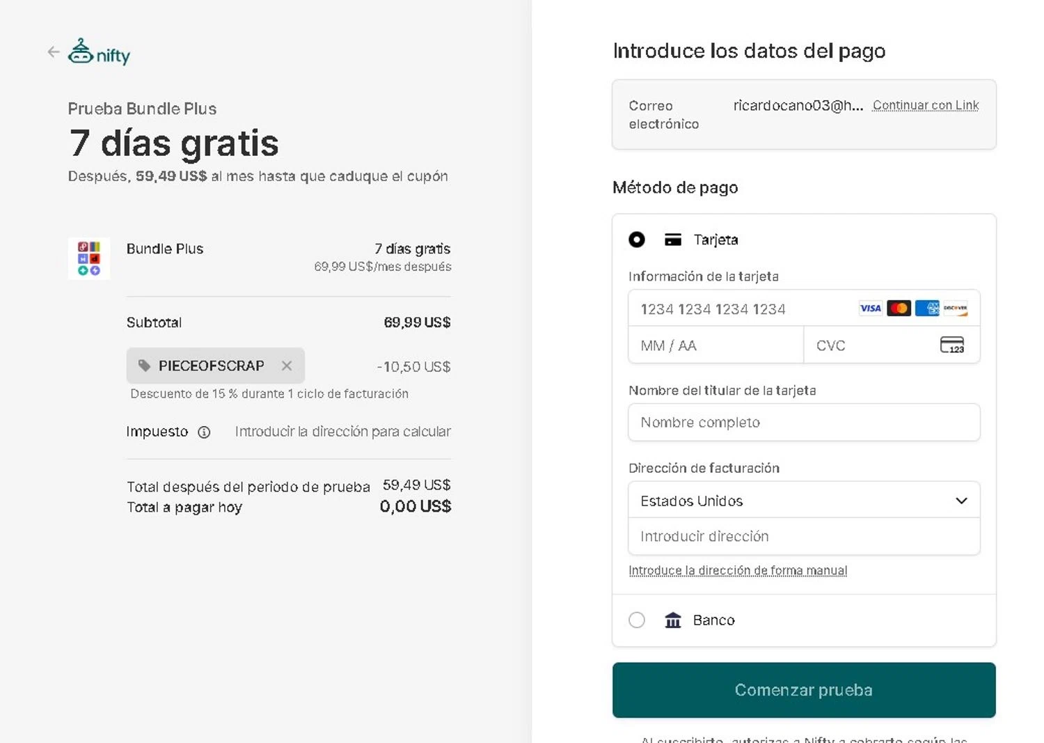 Nifty AI promo code screenshot showing code PIECEOFSCRAP applied at Nifty AI checkout page. Uploaded by SimplyCodes community member LAMINEJAMAL on Dec 5, 2025