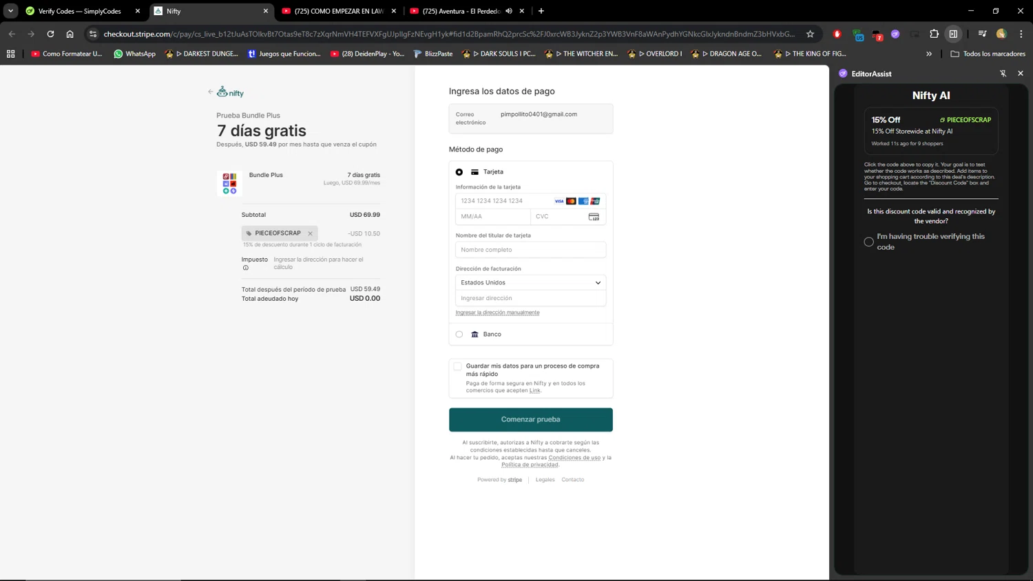 Nifty AI promo code screenshot showing code PIECEOFSCRAP applied at Nifty AI checkout page. Uploaded by SimplyCodes community member MiauMiau on Nov 6, 2025