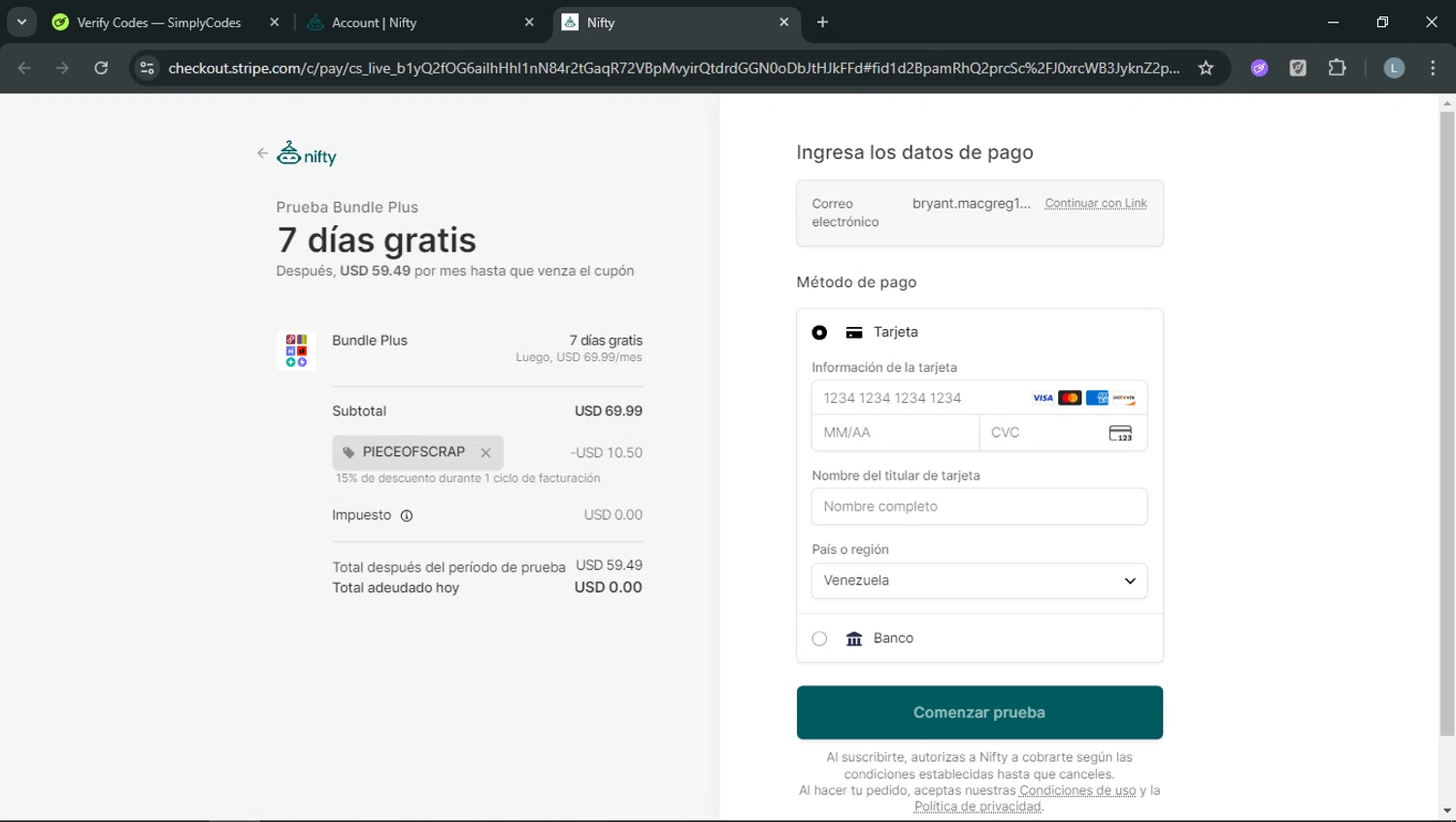 Nifty AI promo code screenshot showing code PIECEOFSCRAP applied at Nifty AI checkout page. Uploaded by SimplyCodes community member RoyalOwl5790 on Jan 6, 2026