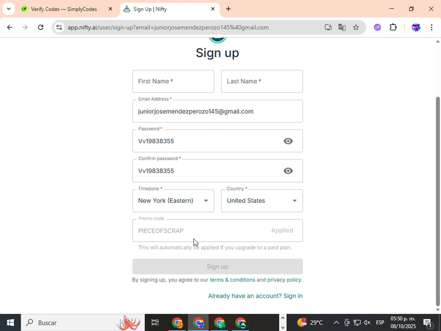 Nifty AI checkout page showing Nifty AI promo code box | Screenshot taken by SimplyCodes community member on Oct 8, 2025