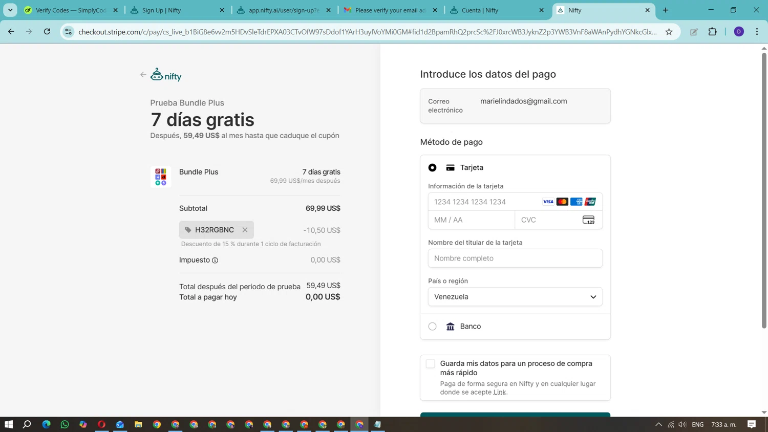 Nifty AI promo code screenshot showing code H32RGBNC applied at Nifty AI checkout page. Uploaded by SimplyCodes community member Fundolaroca on Oct 21, 2025