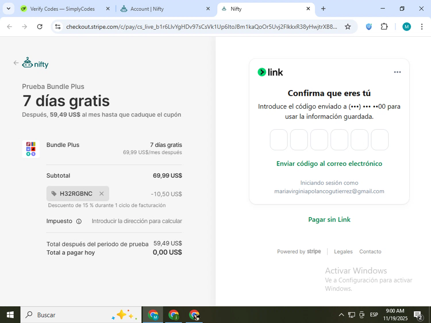 Nifty AI promo code screenshot showing code H32RGBNC applied at Nifty AI checkout page. Uploaded by SimplyCodes community member estrellaveloz on Nov 19, 2025