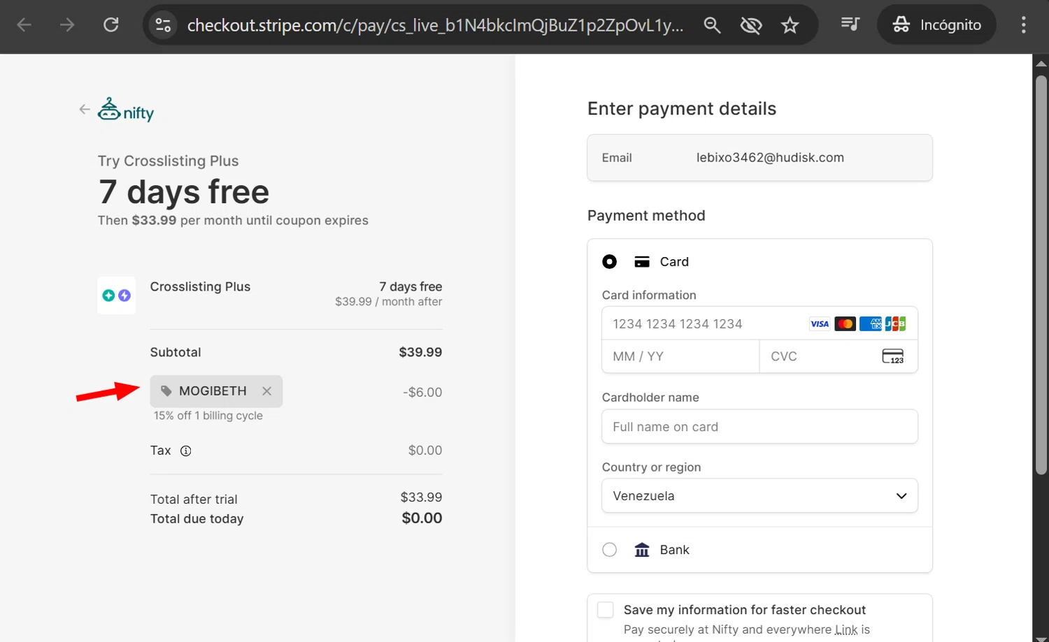 Nifty AI promo code screenshot showing code MOGIBETH applied at Nifty AI checkout page. Uploaded by SimplyCodes community member anosesmith on Jan 2, 2026