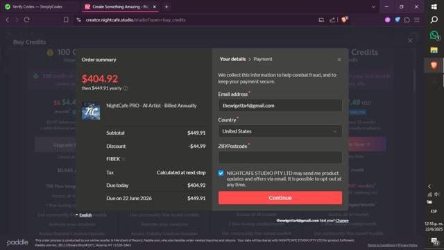 NightCafe checkout page showing NightCafe coupon code box | Screenshot taken by SimplyCodes community member on Jun 22, 2025