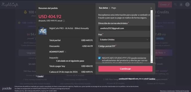 NightCafe checkout page showing NightCafe coupon code box | Screenshot taken by SimplyCodes community member on May 24, 2025