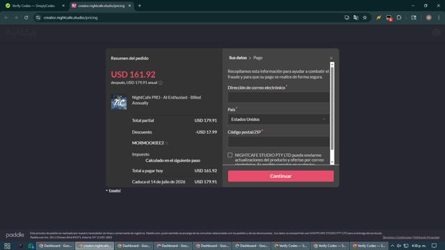 NightCafe checkout page showing NightCafe coupon code box | Screenshot taken by SimplyCodes community member on Jul 14, 2025
