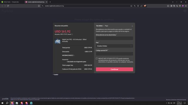 NightCafe checkout page showing NightCafe coupon code box | Screenshot taken by SimplyCodes community member on Jun 24, 2025