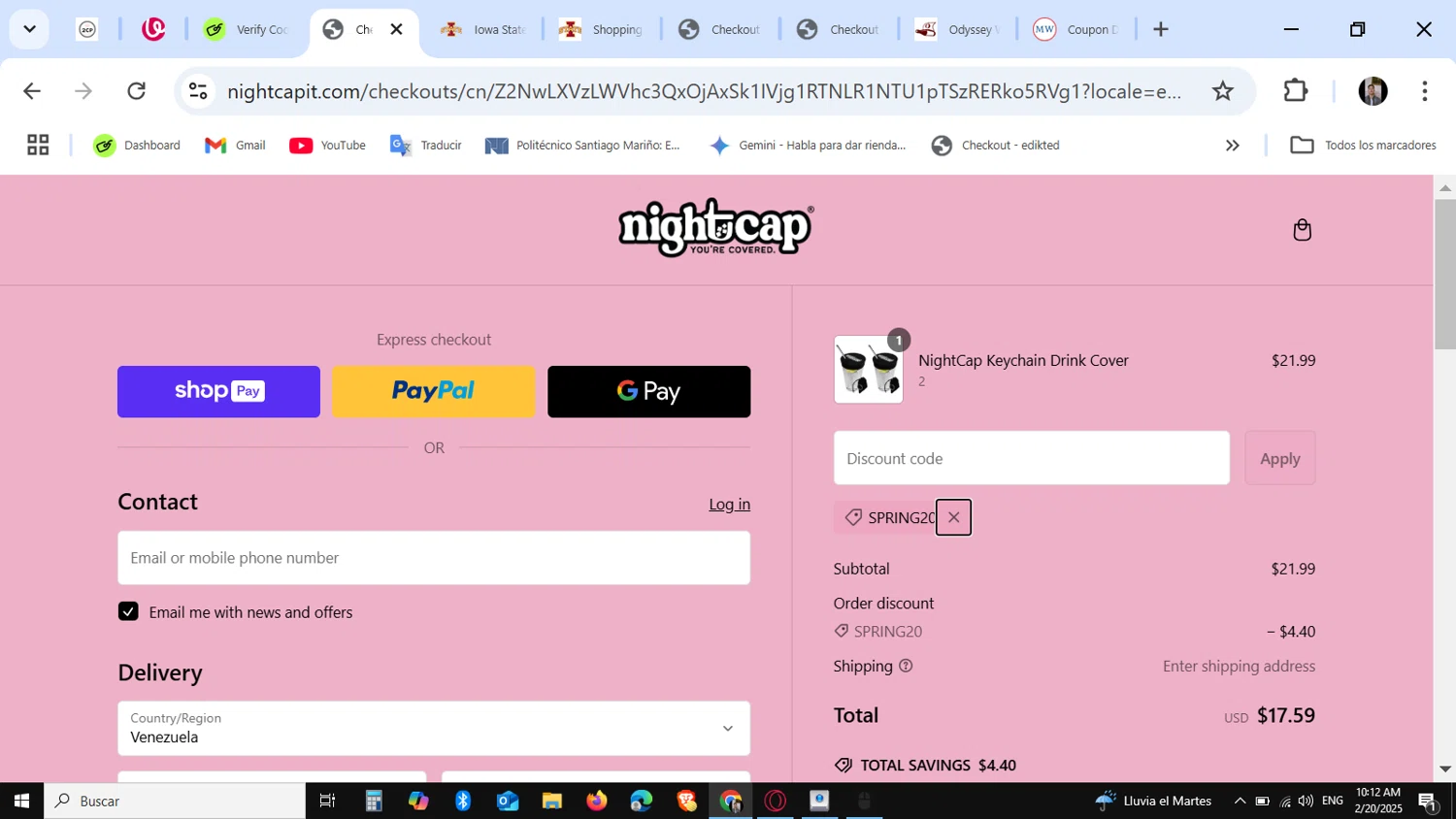NightCap promo code screenshot showing code SPRING20 applied at NightCap checkout page. Uploaded by SimplyCodes community member KataldoMustafack on Feb 20, 2025