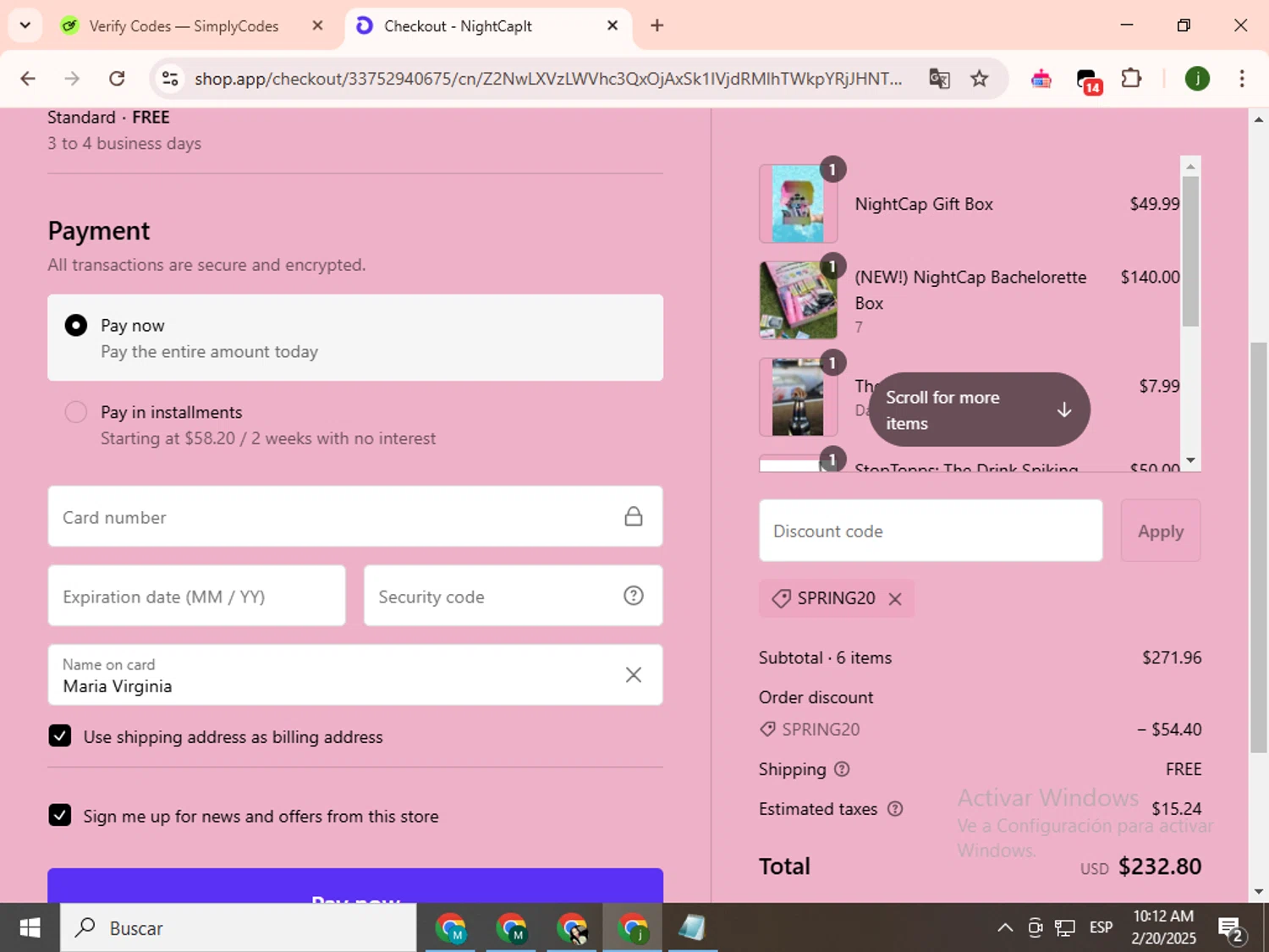 NightCap promo code screenshot showing code SPRING20 applied at NightCap checkout page. Uploaded by SimplyCodes community member SavingsCollector2592 on Feb 20, 2025