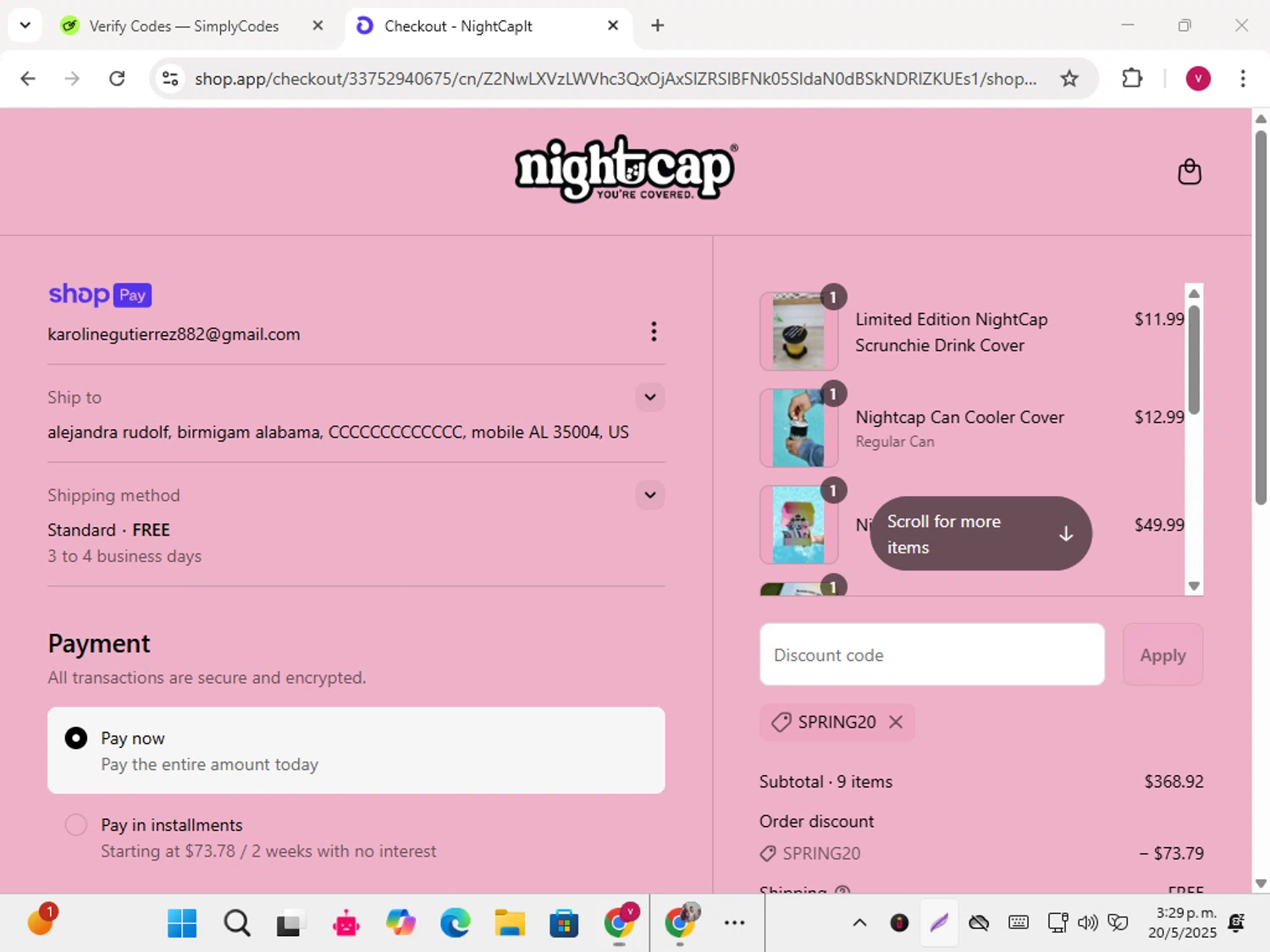 NightCap promo code screenshot showing code SPRING20 applied at NightCap checkout page. Uploaded by SimplyCodes community member karoline on May 20, 2025