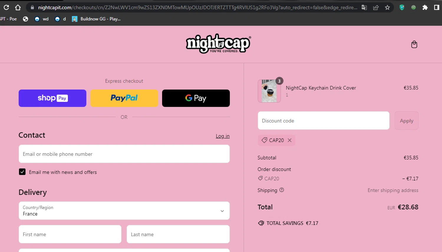 NightCap promo code screenshot showing code CAP20 applied at NightCap checkout page. Uploaded by SimplyCodes community member megagei on Mar 7, 2025