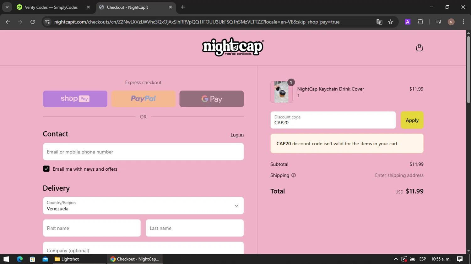 NightCap promo code screenshot showing code CAP20 applied at NightCap checkout page. Uploaded by SimplyCodes community member VoucherRanger901 on Jun 14, 2025