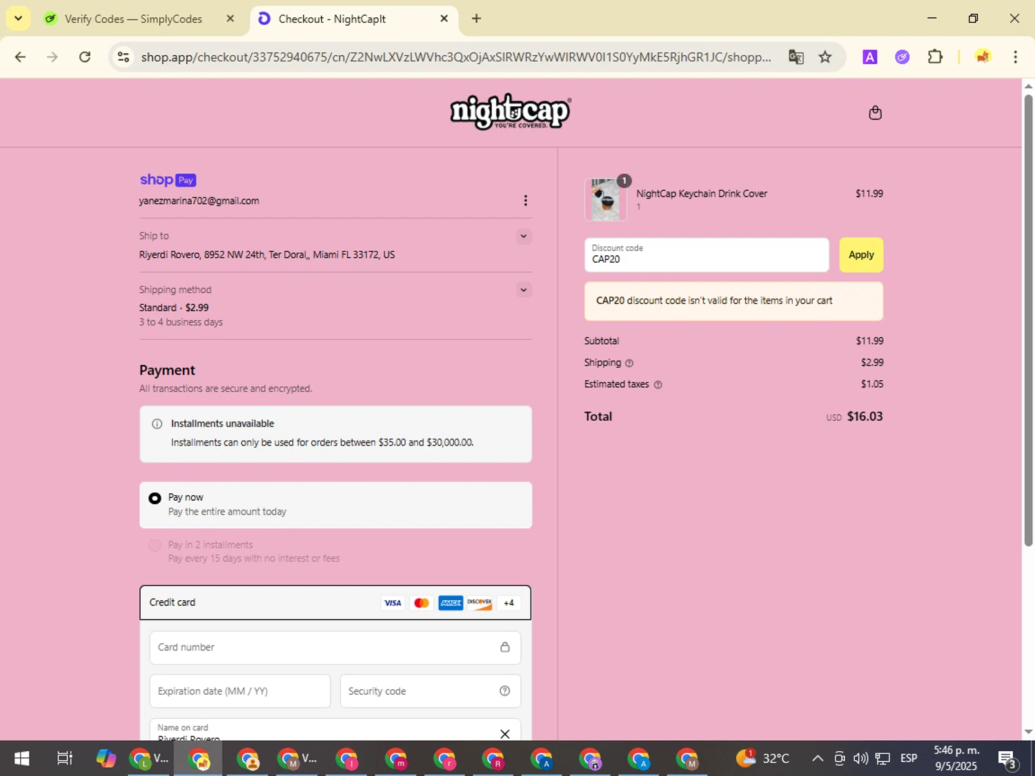 NightCap promo code screenshot showing code CAP20 applied at NightCap checkout page. Uploaded by SimplyCodes community member NobleMonarch1787 on May 9, 2025