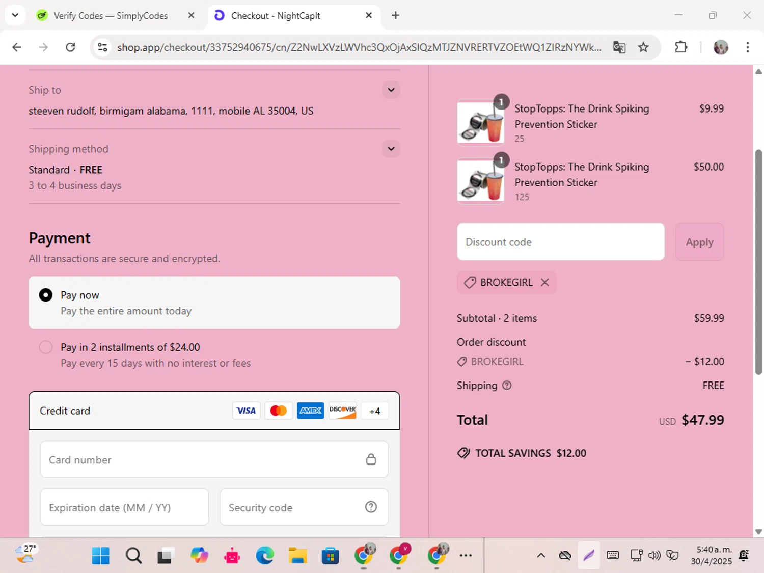 NightCap promo code screenshot showing code BROKEGIRL applied at NightCap checkout page. Uploaded by SimplyCodes community member karolg on Apr 30, 2025