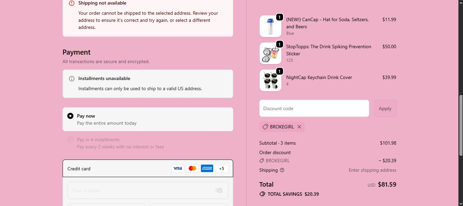 NightCap promo code screenshot showing code BROKEGIRL applied at NightCap checkout page. Uploaded by SimplyCodes community member noworries on Oct 16, 2025