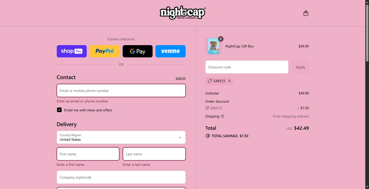 NightCap promo code screenshot showing code Save15 applied at NightCap checkout page. Uploaded by SimplyCodes community member LlonardoLotes on Jul 12, 2025
