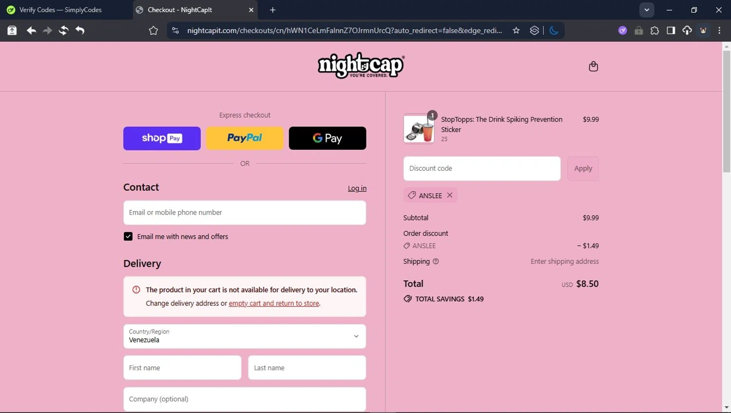 NightCap promo code screenshot showing code Anslee applied at NightCap checkout page. Uploaded by SimplyCodes community member CleverPioneer8971 on Jul 30, 2025