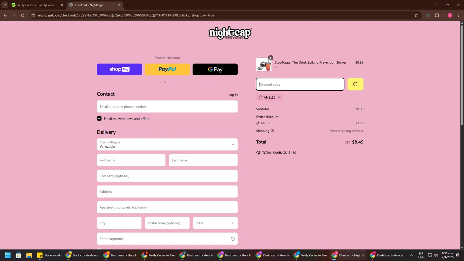 NightCap promo code screenshot showing code Anslee applied at NightCap checkout page. Uploaded by SimplyCodes community member TreasureWarden457 on Apr 7, 2025