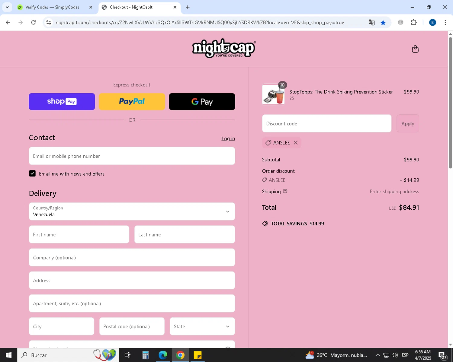 NightCap promo code screenshot showing code Anslee applied at NightCap checkout page. Uploaded by SimplyCodes community member GoldSaver5472 on Apr 7, 2025
