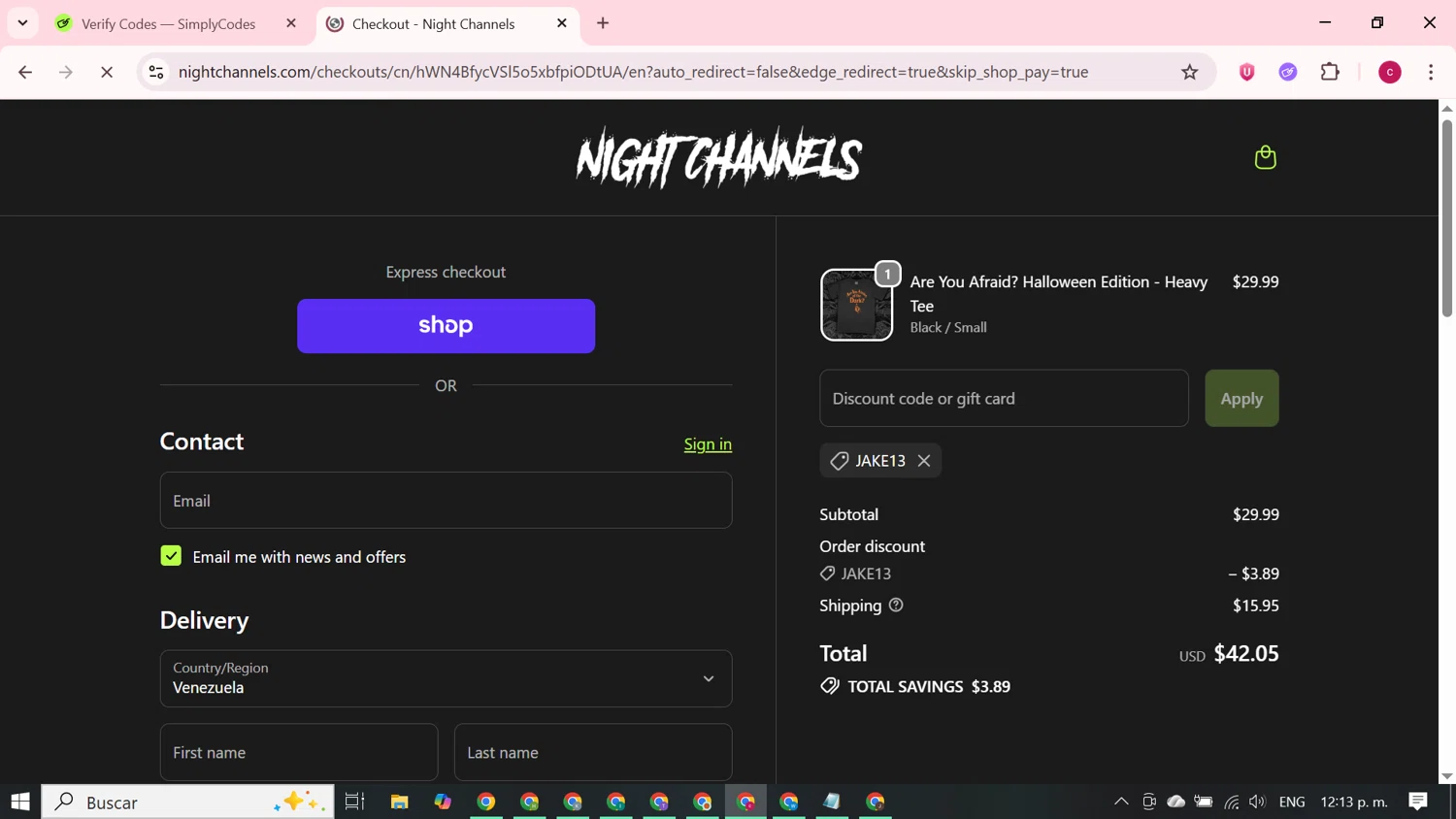 Night Channels discount code screenshot showing code JAKE13 applied at Night Channels checkout page. Uploaded by SimplyCodes community member RewardElite5744 on Oct 16, 2025