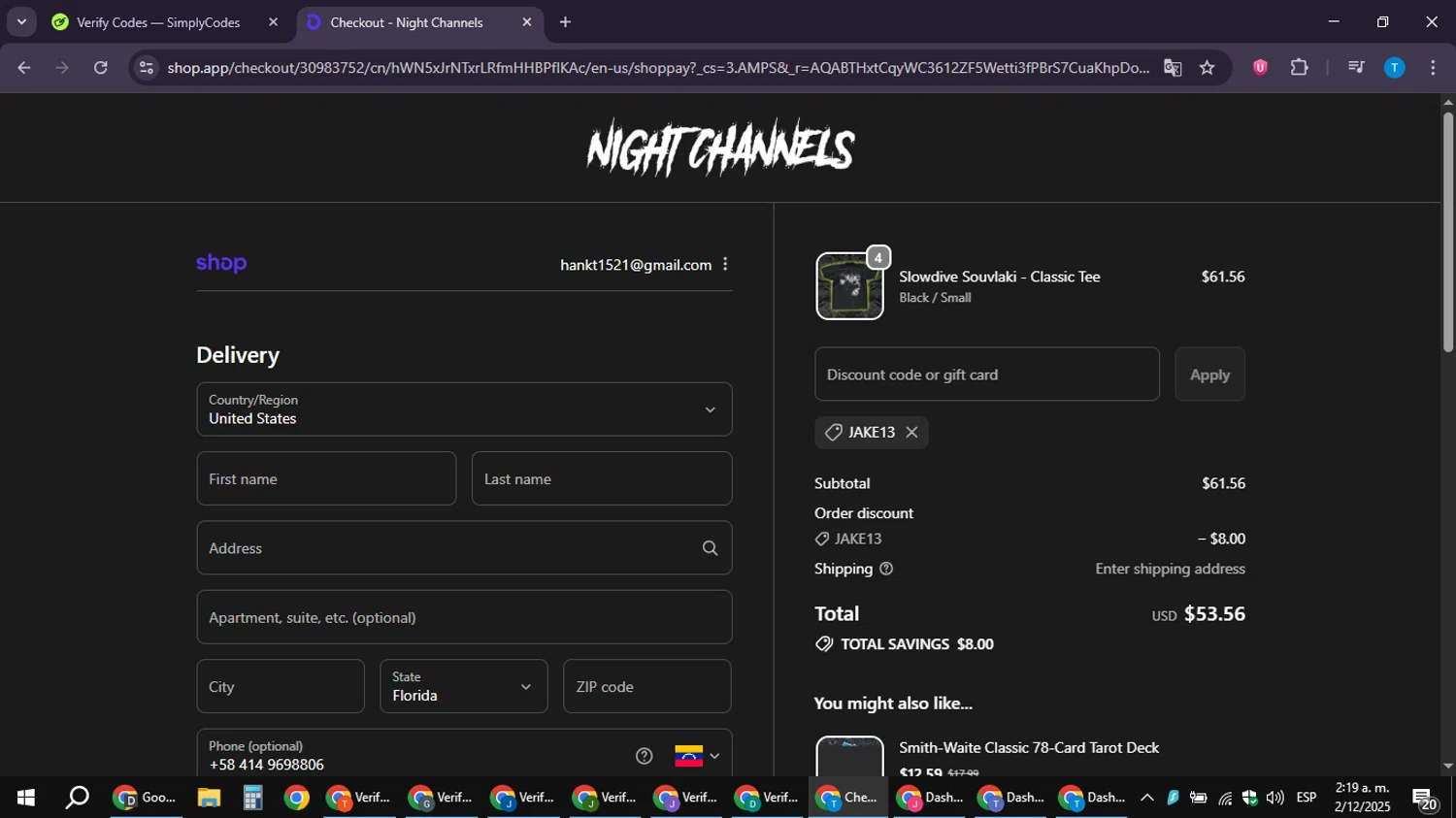Night Channels discount code screenshot showing code JAKE13 applied at Night Channels checkout page. Uploaded by SimplyCodes community member hankt1521 on Dec 2, 2025