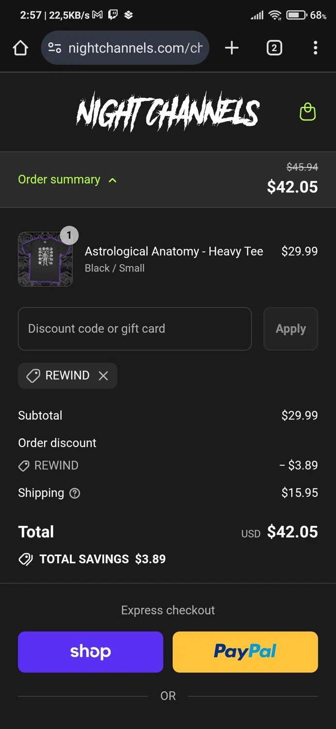 Night Channels discount code screenshot showing code REWIND applied at Night Channels checkout page. Uploaded by SimplyCodes community member Anderson on Sep 6, 2025
