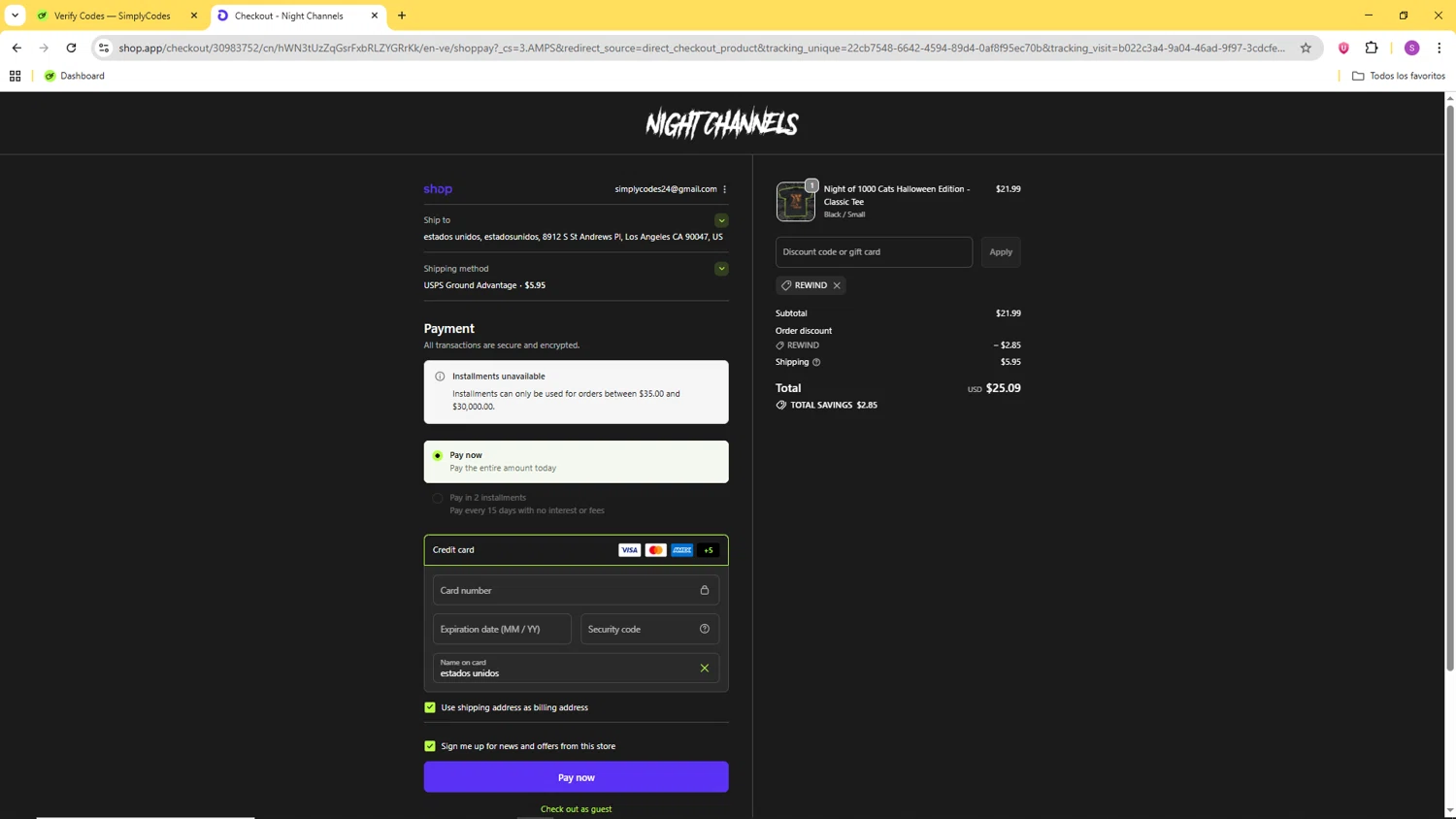 Night Channels discount code screenshot showing code REWIND applied at Night Channels checkout page. Uploaded by SimplyCodes community member CoinChaser799 on Oct 8, 2025