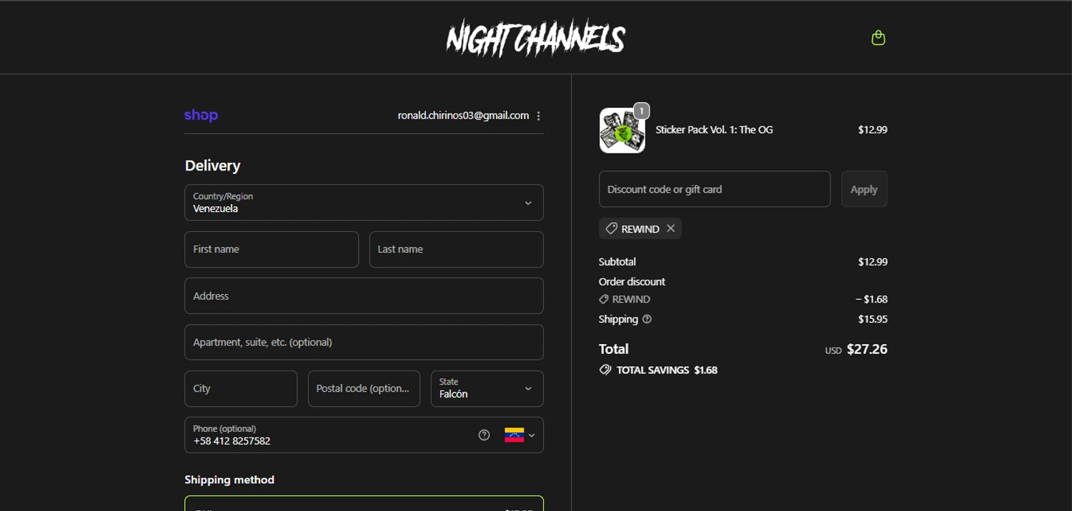 Night Channels checkout page showing Night Channels discount code box | Screenshot taken by SimplyCodes community member on Feb 6, 2026