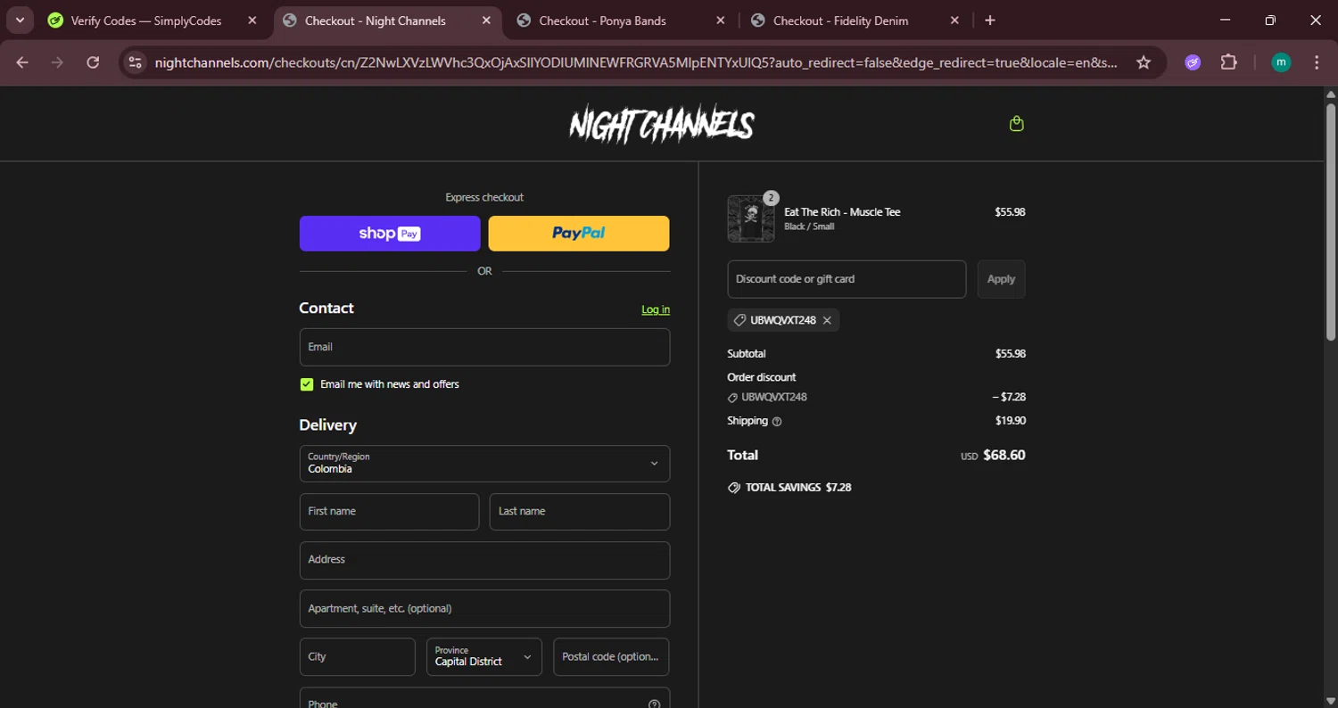 Night Channels discount code screenshot showing code UBWQVXT248 applied at Night Channels checkout page. Uploaded by SimplyCodes community member CrownSpotter4262 on Jun 29, 2025