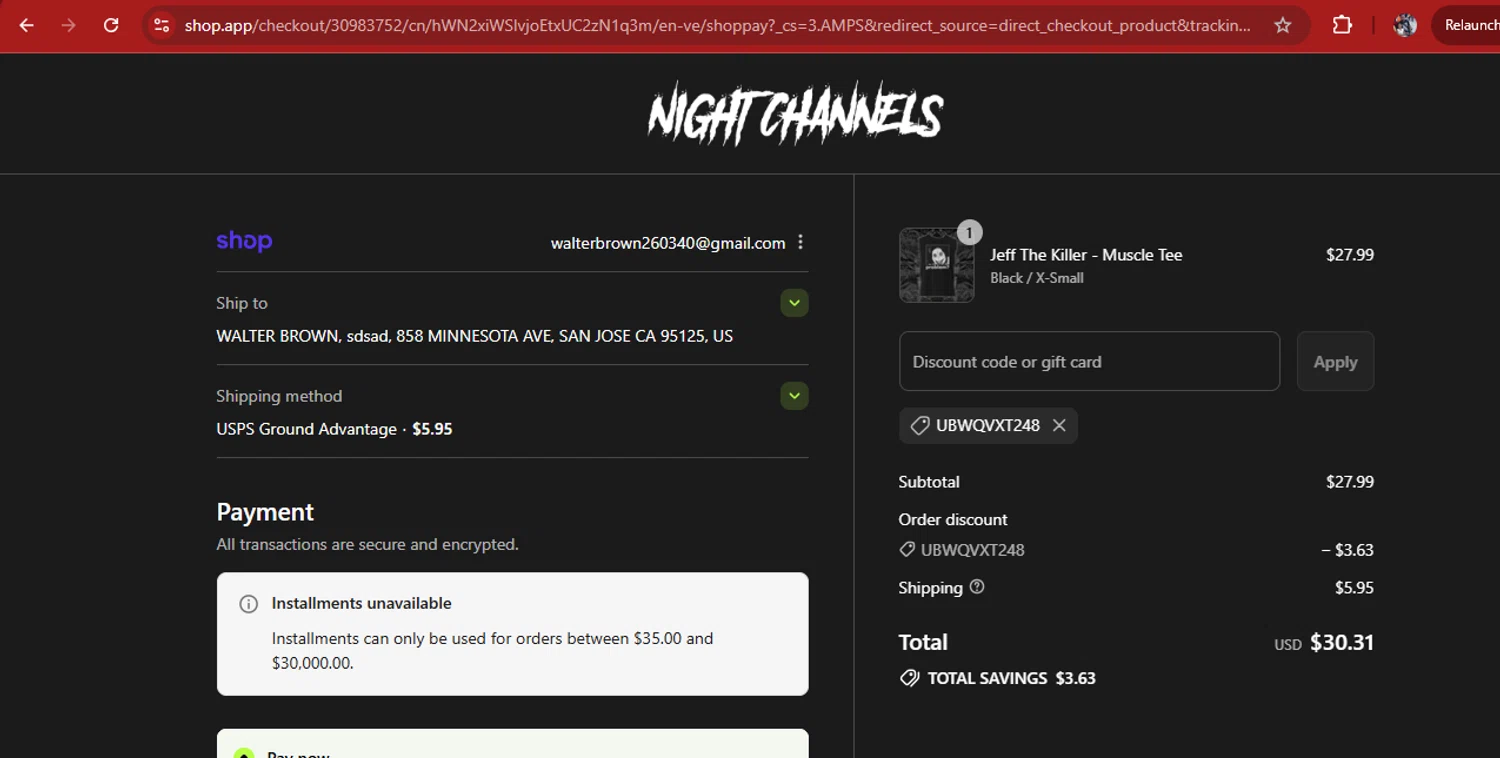 Night Channels discount code screenshot showing code UBWQVXT248 applied at Night Channels checkout page. Uploaded by SimplyCodes community member kimberlinmartinez on Sep 14, 2025