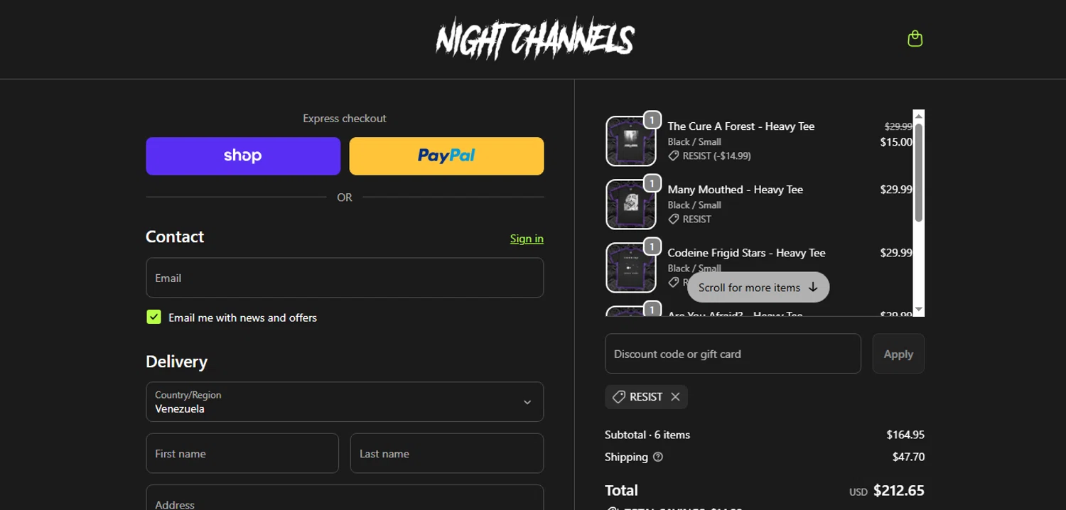 Night Channels discount code screenshot showing code Resist applied at Night Channels checkout page. Uploaded by SimplyCodes community member CashAce9852 on Oct 8, 2025