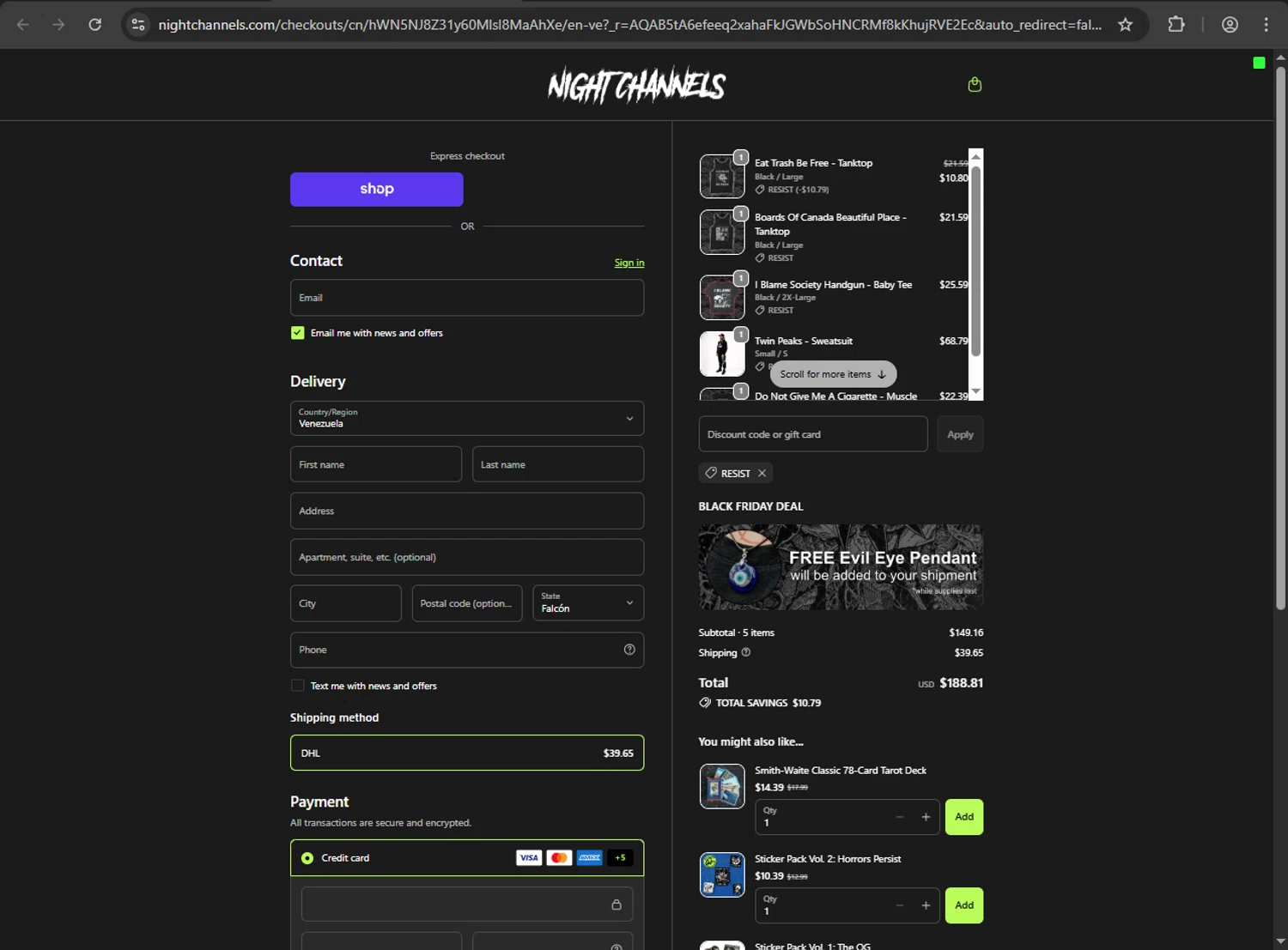 Night Channels discount code screenshot showing code Resist applied at Night Channels checkout page. Uploaded by SimplyCodes community member artritis on Nov 16, 2025