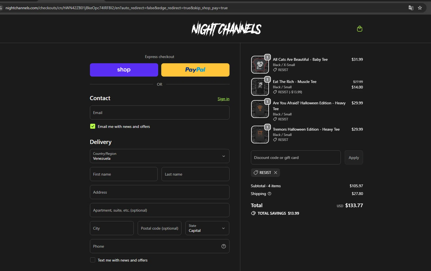 Night Channels discount code screenshot showing code Resist applied at Night Channels checkout page. Uploaded by SimplyCodes community member gilbertrondon on Oct 12, 2025