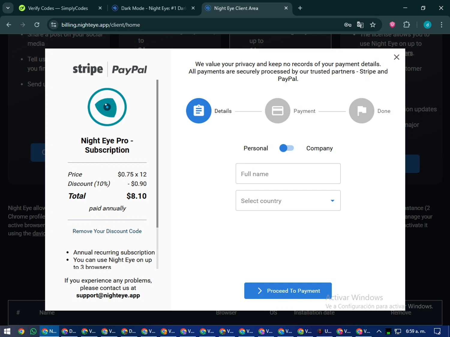 Night Eye checkout page showing Night Eye discount code box | Screenshot taken by SimplyCodes community member on Oct 23, 2025