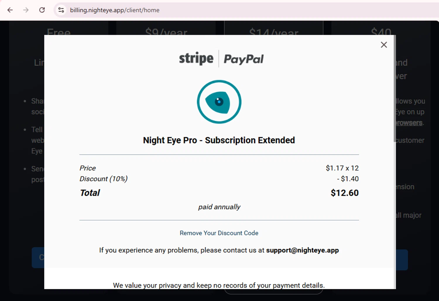 Night Eye discount code screenshot showing code EARLY applied at Night Eye checkout page. Uploaded by SimplyCodes community member PromoExpert5262 on Dec 24, 2025